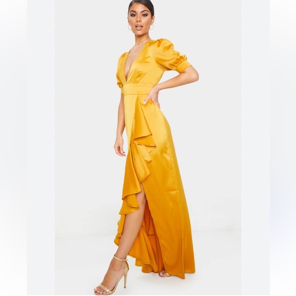 Pretty little thing mustard satin frill maxi dress - Picture 1 of 13